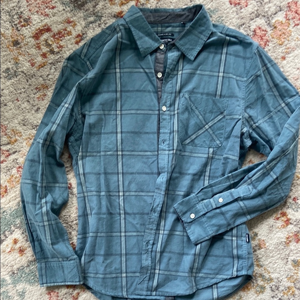 Kenneth Cole Blue Casual Button Down Corduroy Plaid Slim Fit Shirt